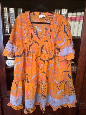 DuetOrange Floral Boho Tunic with Lavender Trim